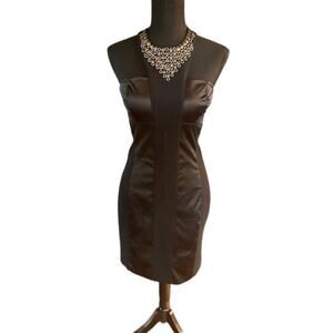 Bebe Black Satin Panel Bodycon Mini Dress with Embellished Halter Neck – Size M